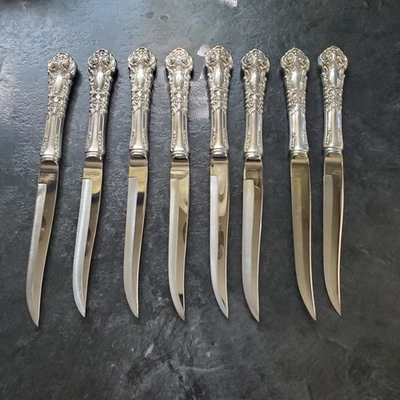 JUEGO DE 8 = Cuchillo para carne de plata esterlina renacentista francés Reed & Barton - 8 7/8" Foto 1 de 4