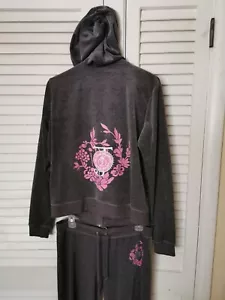 New Juicy Couture Gray Pink Flowers Vintage Luxury Tracksuit Set Y2K Unique SZ L - Picture 1 of 24