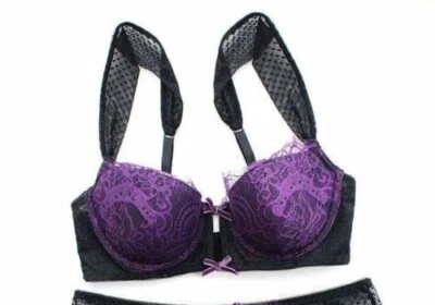 Frederick's of Hollywood black purple eyelash lace trim bra SIZE M - Image 1 of 4