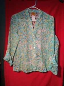 Ruby Rd. Women's Button Front Shirt Size 8 Floral Blue Green Semi Sheer Tab Slvs - Picture 1 of 1