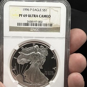 1996 P PROOF SILVER EAGLE NGC PF69 ULTRA CAMEO CLASSIC BROWN LABEL - Picture 1 of 6