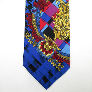 Gianni Versace Vintage 90s Tie Silk Baroque Garden Tartan Plaid Multicolor Lined