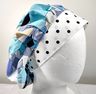 Bouffant Scrub Cap Chemo Hat Chef Handmade Cotton 23.5” to 33.5” Polka Dot Blue - Image 1 of 4