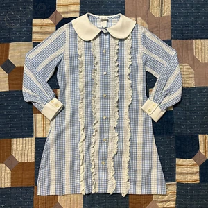 Vintage 60s Penneys Gingham & Lace Peter Pan Collar Mod Mini Dress Girls Size 8 - Picture 1 of 10