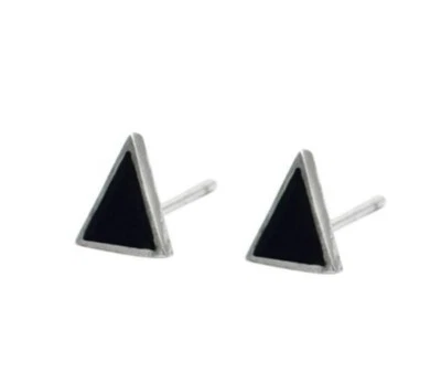 Women 925 Sterling Silver Black Lucky Triangle Earring Stud Allergy Free - Image 1 of 3