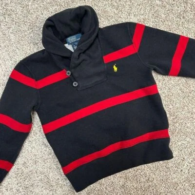 Polo Ralph Lauren Shawl Collar Pullover YOUTH Boys 6 Red Navy Striped Pony (700) - Image 1 of 4