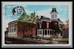 Histórico CEDAR RAPIDS IOWA Masonic Hall Conservatorio, TARJETAS POSTALES BAYLIS pm 1925 - Imagen 1 de 2