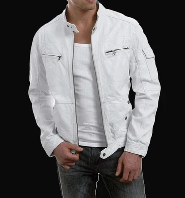 Chaqueta de cuero de motociclista blanca para hombre Finsbury | Chaqueta de cuero blanca icónica Foto 1 de 4