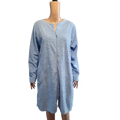 NEW Stan Herman Size S  Rose Embossed Fleece Full Zip Knee Robe House Dress Blue - Image 1 of 4
