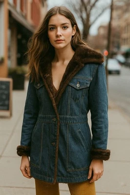 Vtg Marvin Richards Faux Fur Lined Denim Jean Jacket Coat Hip XL Long Dark Wash - Image 1 of 4