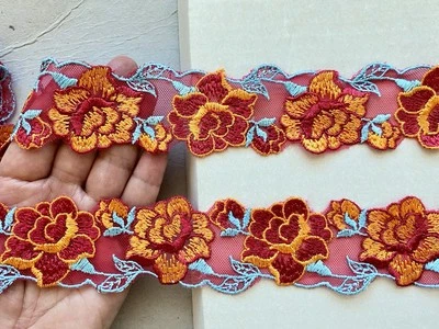 2 Yards Floral Embroidered Ribbon Lace Trim for DIY Sewing/Crafts/Belts - Image 1 of 4