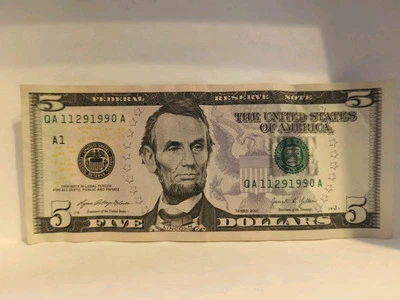 November 29th 1990 QA 11291990 D Five 5 Dollar Bill BIRTHDAY Note - Image 1 of 3