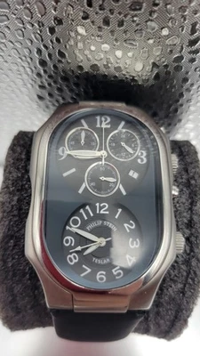 Philip Stein Men's Watch Teslar Quartz Dual Time Chronograph Leather Strap 37mm - Image 1 of 4
