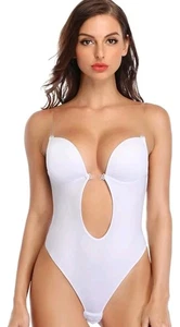 Unbranded Women's Backless Plunge Thong Bodysuit White Deep V L-XL - Picture 1 of 5