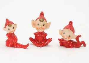 Lot of 3 Vtg Mini Red Ceramic Elves Pixies Figures Red Suits & Hats MCM Japan - Picture 1 of 24