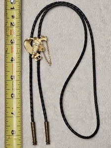 Vintage Western Cowboy Bolo Tie Gold Hat & Revolver Chain Rhinestone Accent - Picture 1 of 4