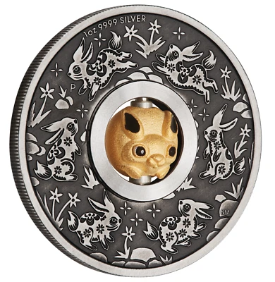 2023 Year of the Rabbit 1oz SILVER $1 Lunar Rotating Charm ANTIQUED COIN - Image 1 of 4