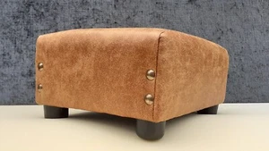 FOOTSTOOL Distressed Tan Aged Look / Faux Leather.   Fabric with studded sides. - Picture 1 of 16