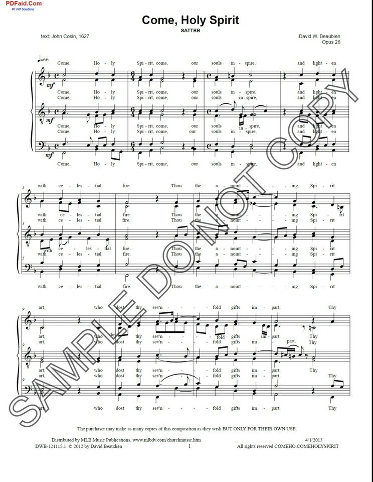 NEW Come, Holy Spirit SATTBB	DWB-121115.1 - Image 1 of 2