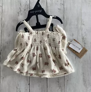 Easy Peasy Baby Grl Terry Tank Bloomer Set 6-9m Ivory Organic Cotton Smocked NEW - Picture 1 of 8
