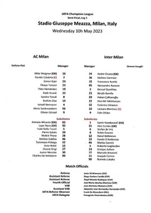 AC Milan v Inter Milan SF Leg 1 (10-05-23) Champions League Team Sheet - Picture 1 of 1