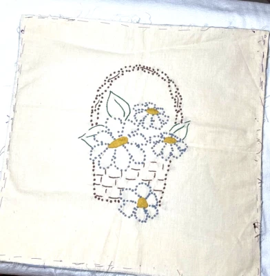 HAND EMBROIDERED FLOWERS IN BASKET BACKED AND READY TO FRAME MAKE INTO A PILLOW - Image 1 of 3