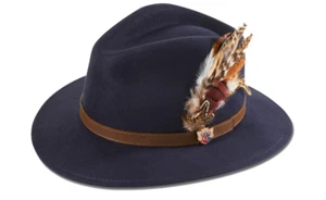 Alan Paine Womens 100% Wool Felt Fedora Hat Navy Decorative Band with Feather - Picture 1 of 6
