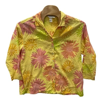 Camisa feminina Fresh Produce floral 1X botão frontal boho colorida floral feita nos EUA - Imagem 1 de 4