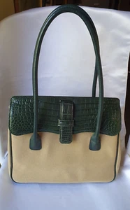 Hamano Grace Leather-Canvas Tote w/Top Handles Metal Feet External Pocket- Japan - Picture 1 of 24