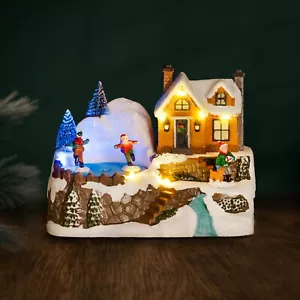 Christmas Musical Village Scene Decoration LED Lighting Ice Skating Ornament - Picture 1 of 24