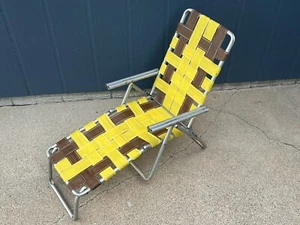 Vintage Aluminum Webbed Folding Childs Lawn Chair Chaise Lounge - Picture 1 of 10