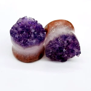 Natural Amethyst Druzy Gemstone Handcrafted Ear Plugs Pair Size 3/4" (19mm) - Picture 1 of 8