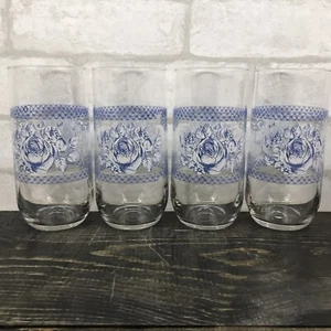 Vtg Tumbler 16oz Glasses Blue Rose Pattern Blue roses Set Of 4 - Picture 1 of 10