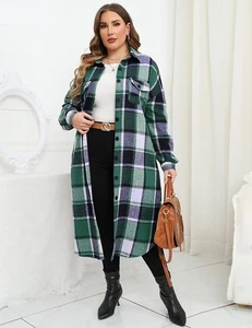 Damen Übergröße lang Flanell kariert Shacket Jacke Oversize Knopf 2XL GRÜN - Bild 1 von 9