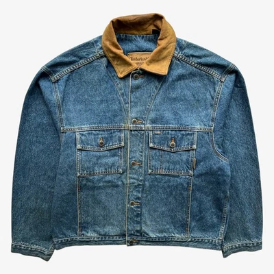 Vintage 90s Men's Timberland Blue Denim Jacket Leather Collar Looney Tunes Print - Image 1 of 4