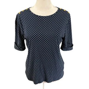 Ralph Lauren Petite PL Short Sleeve Tee Navy Blue Polka Dot Button Shoulder LRL - Picture 1 of 12