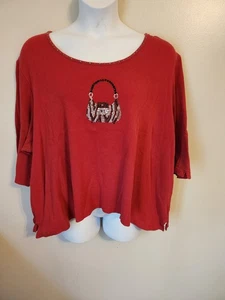 Quacker Factory Red Rhinestone Purse Design 3/4 Sleeve Casual Top Shirt 3X Plus - Picture 1 of 6