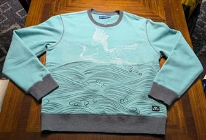 Anchor2anchor Herren Rundhalsausschnitt Sweatshirt Kranich Wellenmuster blau grün Large L - Bild 1 von 4