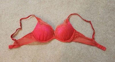 Vintage Victoria's Secret 34B Bombshell Bra Plunge Red Pink Lace Overlay  - Image 1 of 3
