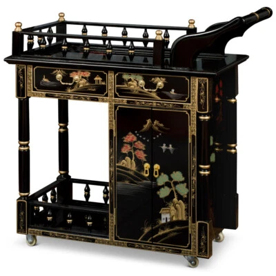 US SELLER - Black Lacquer Chinoiserie Scenery Chinese Tea Cart - Image 1 of 4