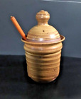 Art Pottery Honey Pot Jar w/ Dipper Gold & Brown Swirled Signed 6"