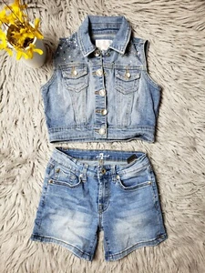 justice girls denim beaded jacket Size 8 And 7 For All Mankind Short Bundle Size - Picture 1 of 4