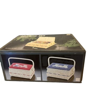 VINTAGE SEWING SET BASKET With Notions Blue Quilted New In Box - Picture 1 of 5