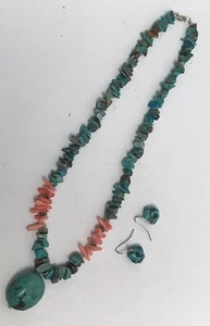 Vintage Natural Turquoise Pink Coral Stones 17" Necklace & Turquoise Earring Set - Picture 1 of 11