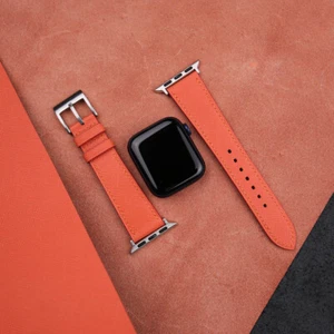 Orange Saffiano Leather Apple Watch Strap Band 38mm 40mm 41mm 42mm 44mm 45mm - Picture 1 of 10