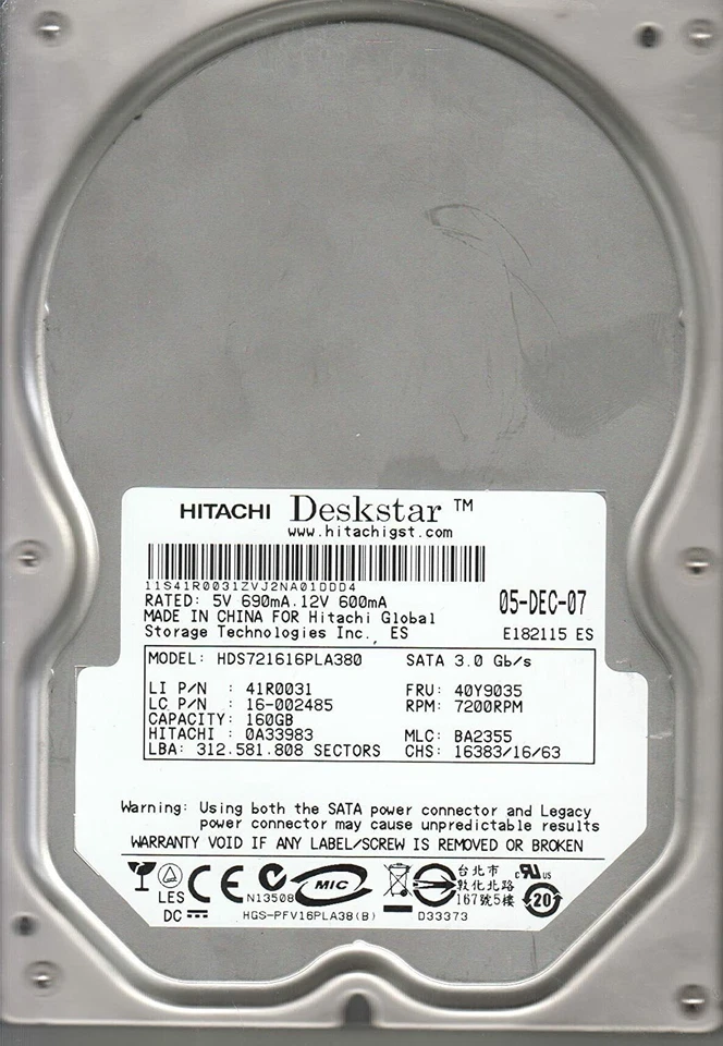 Hitachi 160GB HDS721616PLA380 PN 0A33983 SATA 3.5 Hard Drive - Image 1 of 1
