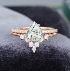Pear Cut Moss Agate Ring Sterling Silver Ring Wedding Ring Set Curved Ring Set - Picture 1 of 3