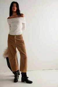 Free People Pants Womens 27 Tan Corduroy Osaka Mid Rise Barrel Cropped Jean Boho - Picture 1 of 12