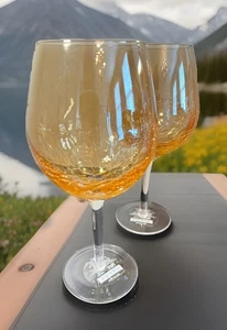 Pier 1 Crackle Amber Crackle Golden Luster White Wine Glasses  8 3/4” Set Of 2 - Picture 1 of 5
