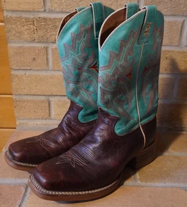 Tony Lama Cowboy Mens 9D Brown Turquoise Embroidered Square Toe - Picture 1 of 10